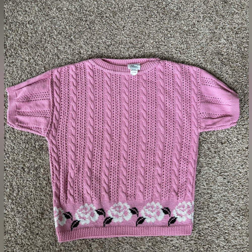 Vintage 90s Made in the USA Pink Short Sleeve Floral Cable Sweater